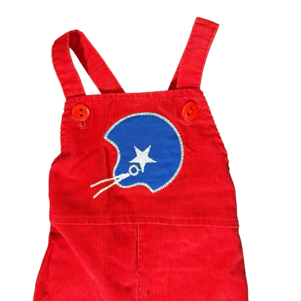 🏈 VINTAGE Red Corduroy Toddler Overalls – Football Helmet Patch - Picture 2 of 7